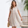 Fashion Women Summer Solid Cotton Linen Round Neck A-line Short Sleeve Pocket Midi Dress