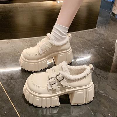 8.5СМ Зимние Теплые Повседневные Кожаные Туфли на Каблуке Женские Высокая Платформа Меховые Кроссовки Толстая Подошва Плюшевые Спортивные Кожаные Туфли Zapatos Mujer