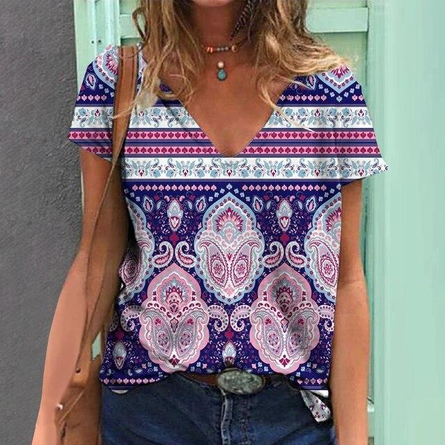 Женская футболка с v-образным вырезом, летняя модная женская одежда, топы с 3d винтажным принтом, повседневная одежда для девочек, женский пуловер большого размера