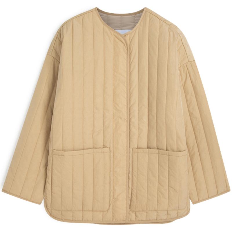 Calvin Klein Autumn Winter Solid Color Round Neck Quilted Cotton Jacket Women Jacket Light-Khaki 40WJ501PF2