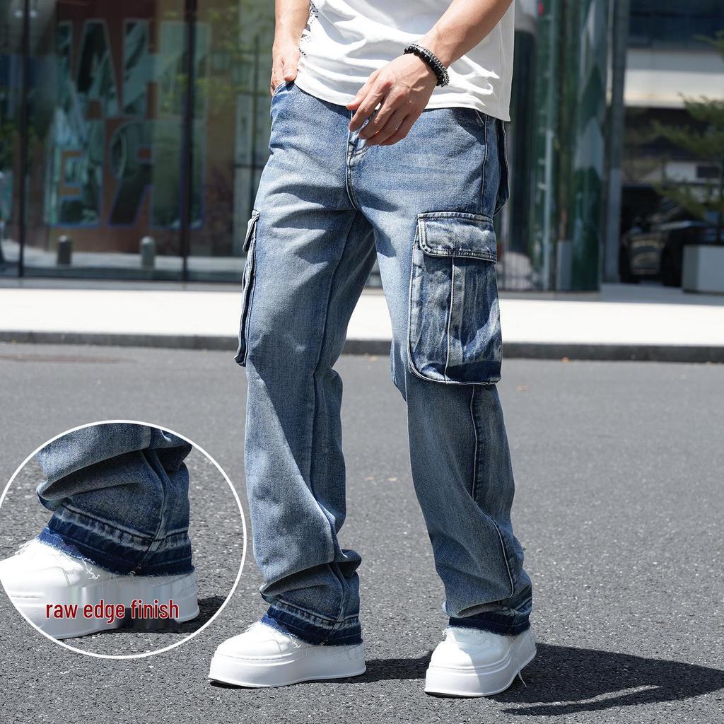 Мужские джинсы американского стиля с широкими штанинами и множеством карманов, свободные рабочие джинсы, большой размер