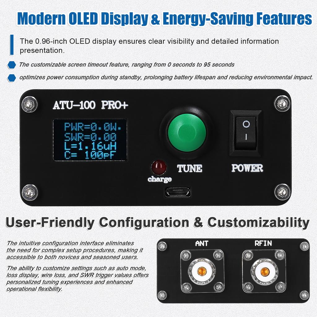Assembled Automatic Antenna Tuner 1.8-55Mhz Portable 0.96-inch OLED Display Automatic Tuner
