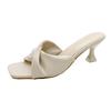 2025 Summer New Simple High Heel One-word Sandals Cat Heel High Heels French Women Wear Half Slippers