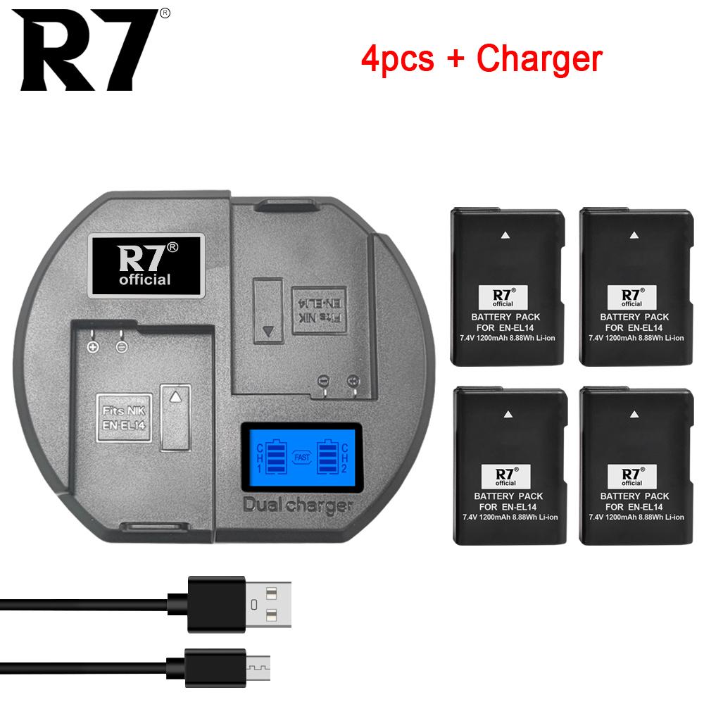 Двухканальное зарядное устройство R7 с 4 батареями EN-EL14/EN-EL14a для Nikon D3100-D5300, ЖК-дисплей и USB-кабель в подарок
