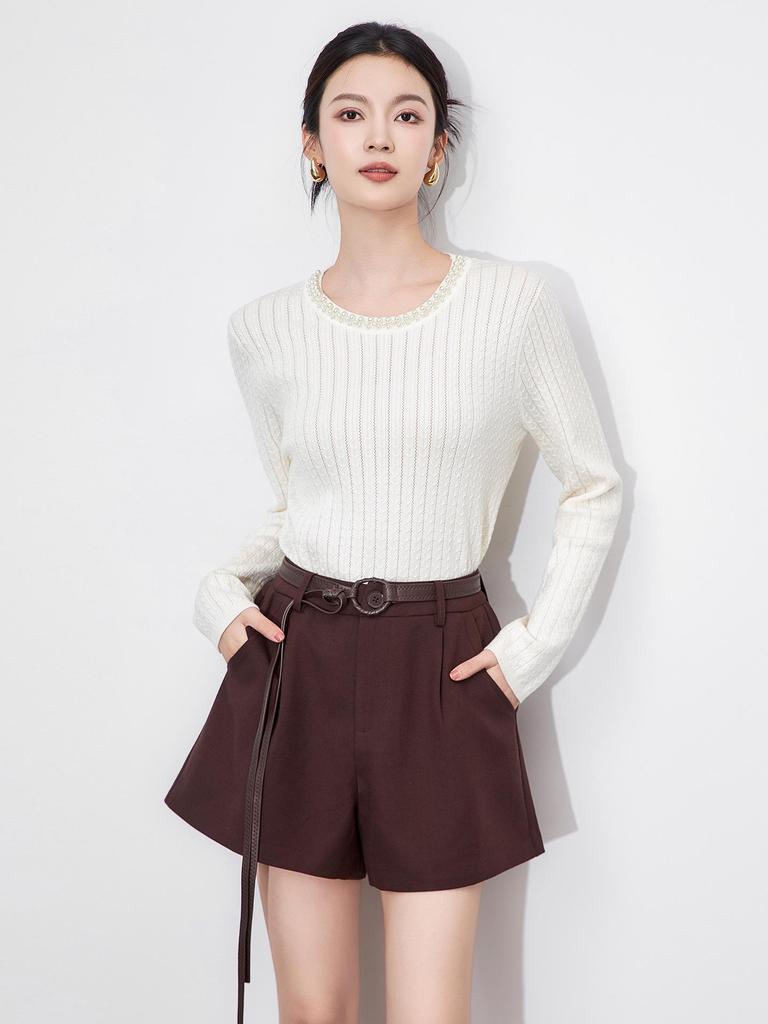 Свитер топ с длинным рукавом, круглым вырезом, 3D вязанием «косы» и бисером для женщин в стиле «легкая роскошь»