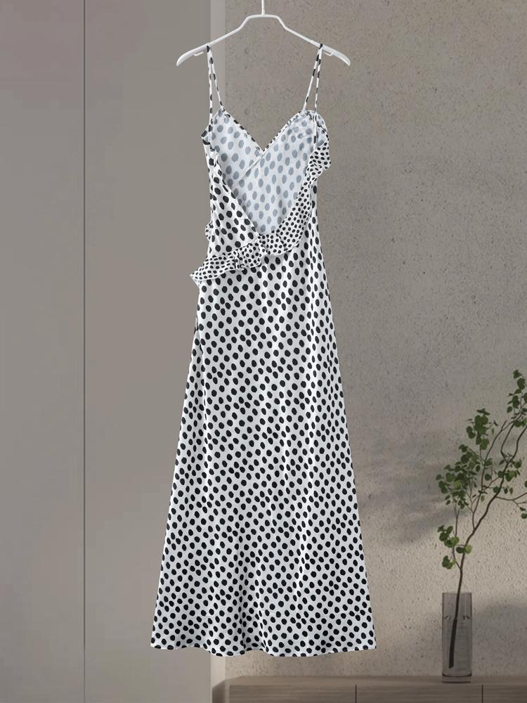 Длинное платье на бретельках с принтом в горошек, женское длинное платье с v-образным вырезом, без рукавов, с открытой спиной и 3D цветком, женское летнее праздничное женское платье