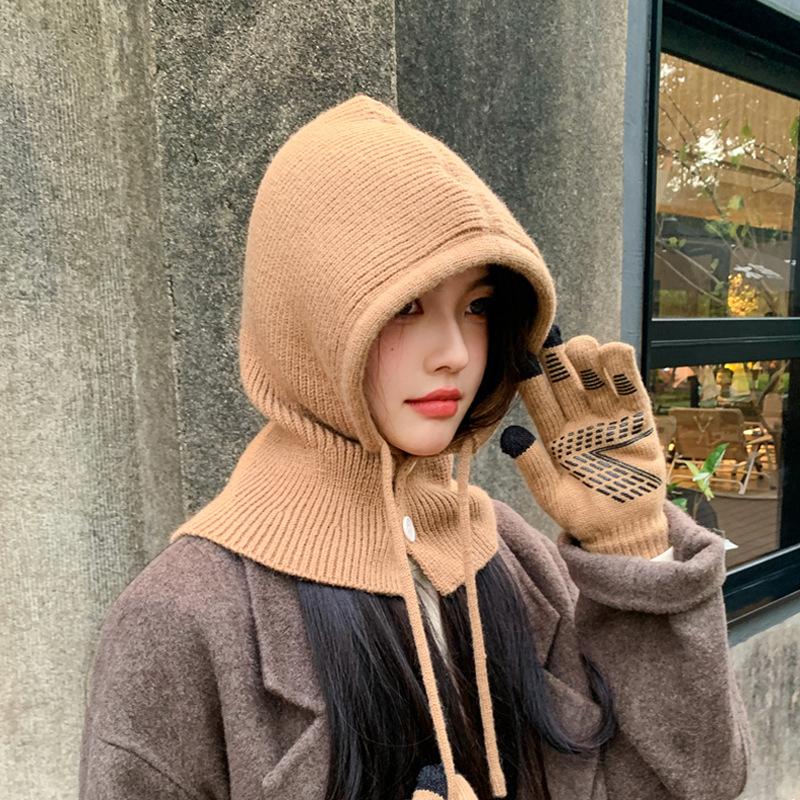 Winter Outdoor Warmer Balaclava Hats Women Girls Knitted Hooded Hats Scarf and Gloves Set Drawstring One-piece Neck Collar Beanies Caps