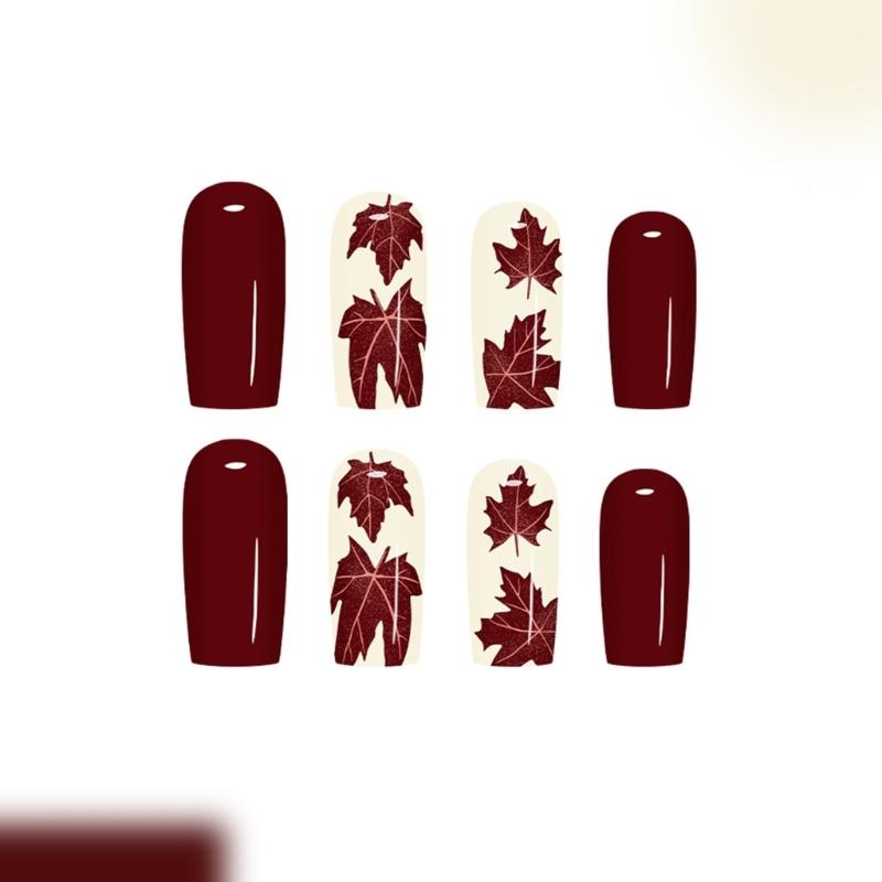 Autumn Winter Press On Nail Set of 24 Glossy Maple Leaf Design Easy Application Comfort Fit
