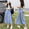 Women's High Waist A-Line Denim Skirt - Fashionable, Slim, Medium-Length, Big Swing, Loose Umbrella Design Over the Knee.