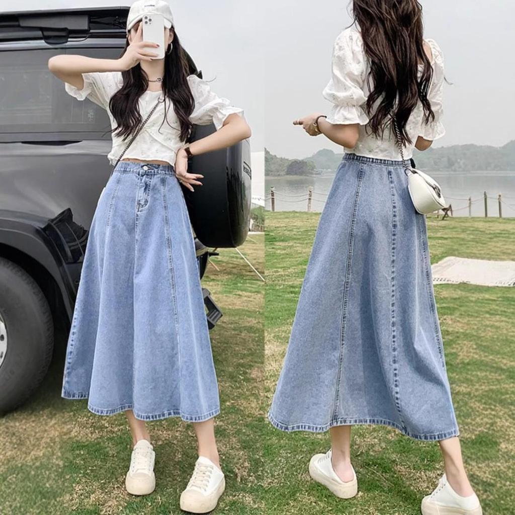 Women's High Waist A-Line Denim Skirt - Fashionable, Slim, Medium-Length, Big Swing, Loose Umbrella Design Over the Knee.