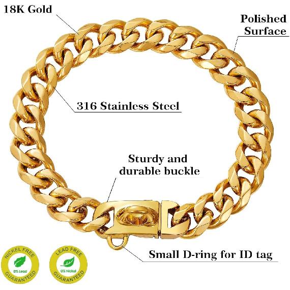 Stainless Steel 18K Gold Dog Collar with Secure Locking Buckle – 15MM Cuban Link Chew-Proof Chain for Small, Medium & Large Dogs