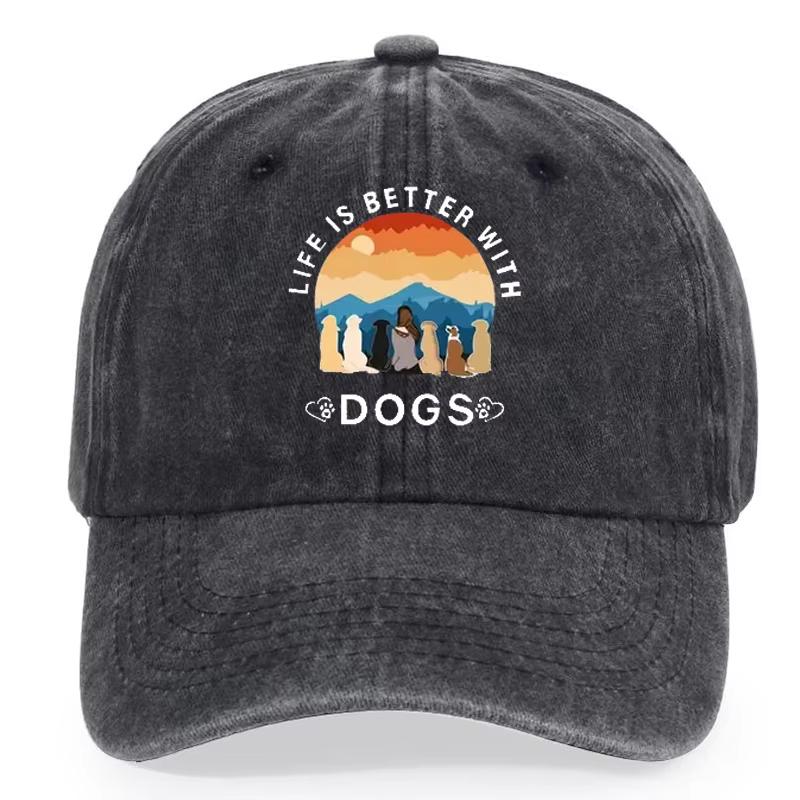 A baseball cap of urban style suitable for both Unisex and Women, with the words "Life is better with dogs" printed on it.
