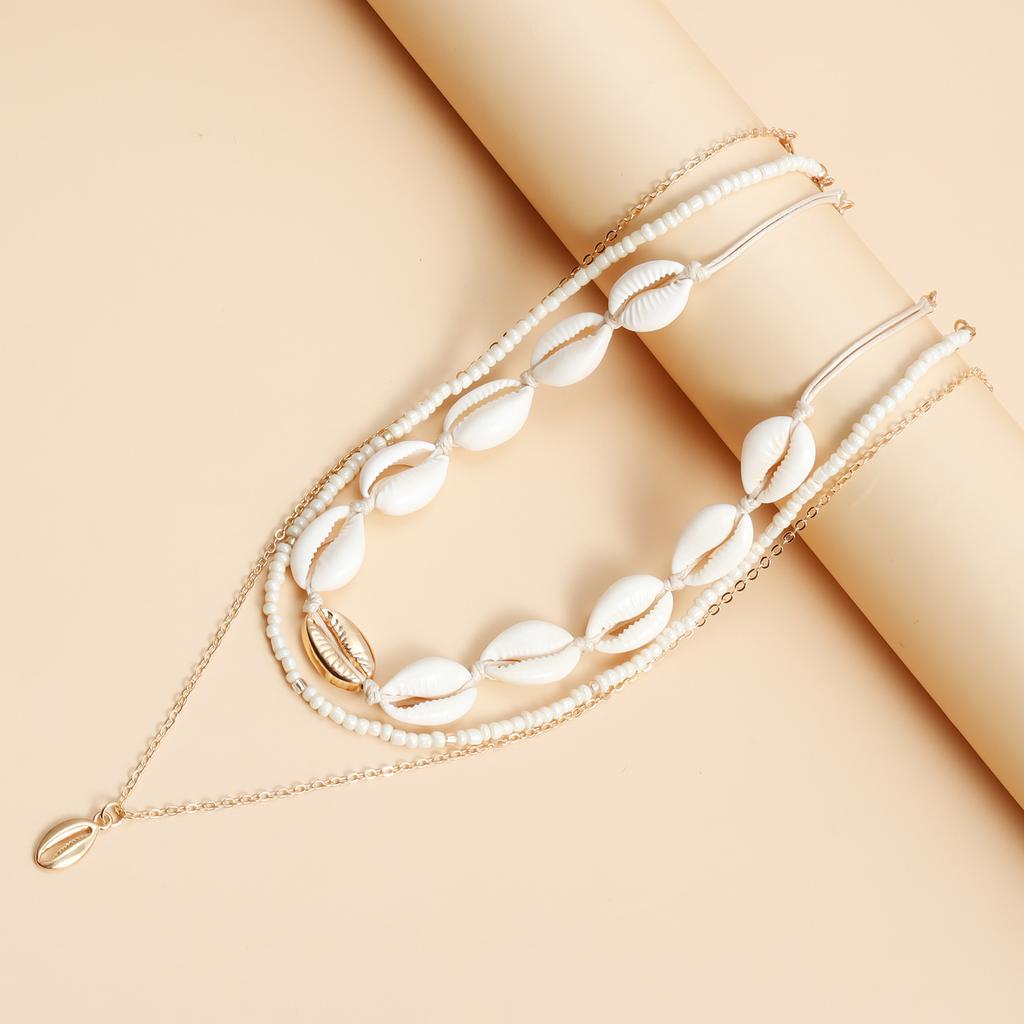 Ключичная цепочка многослойные аксессуары женские, богемное ожерелье с подвеской из ракушки и рисовых бусин