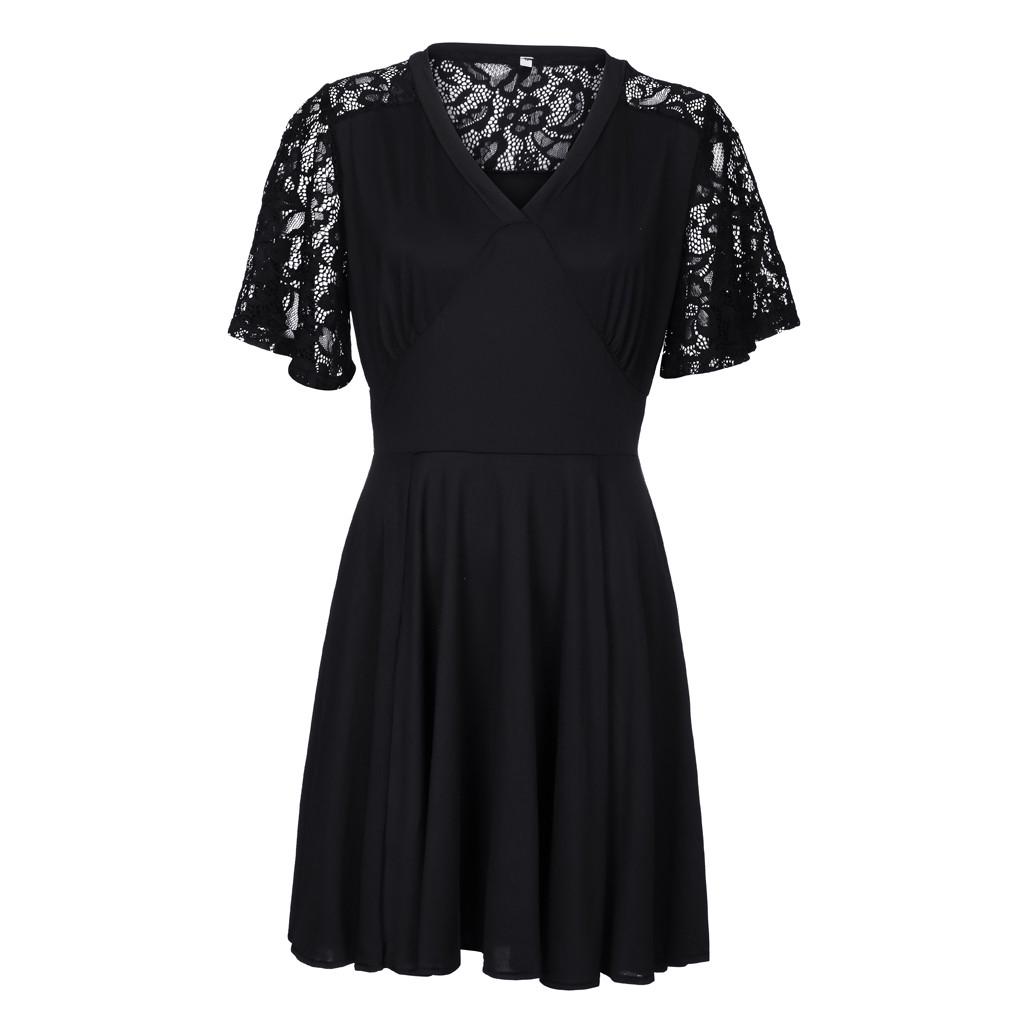 Fashion Women Plus Size Casual Solid V-Neck Short Sleeve Lace A-Line Swing Dress