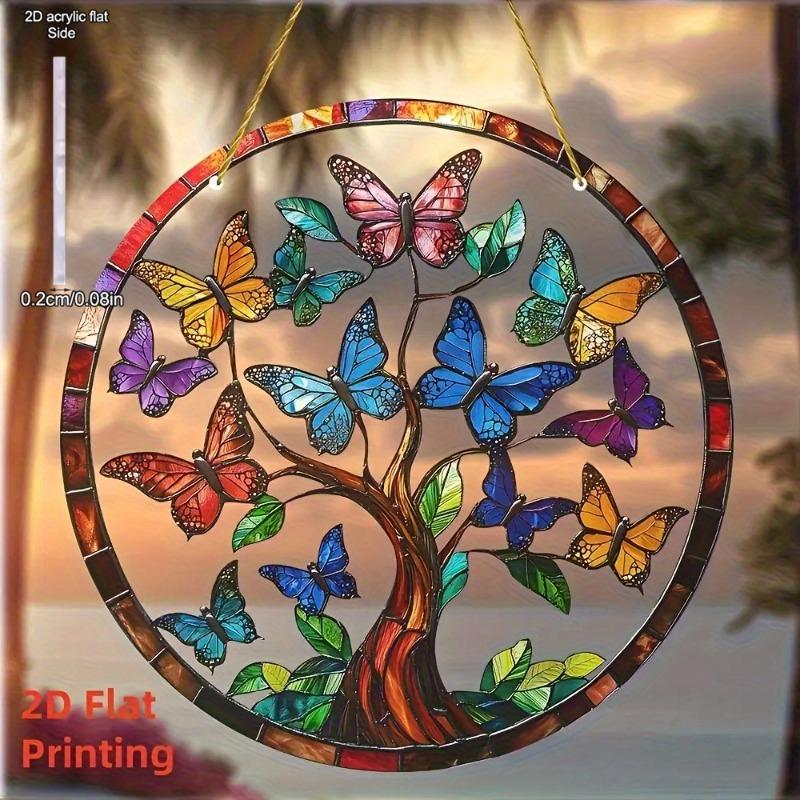 2D Flat Acrylic Tree of Life Butterfly Wall Hanging Decor with Colorful Butterflies & Sunset Design, Nurseries, Vintage Home Decor Wall for Bar