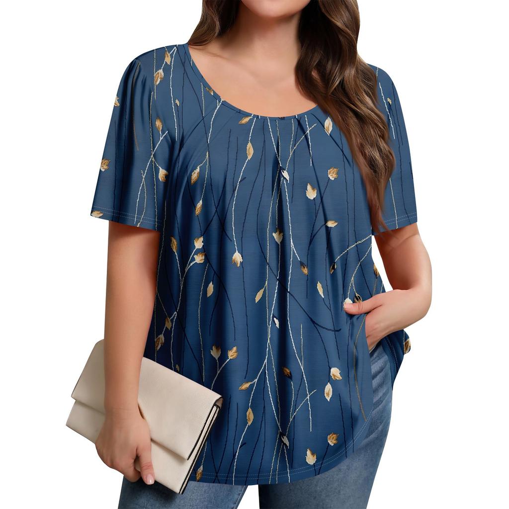 Plus Size Women's Casual Round Neck Pleated Short Sleeve Solid Color Top