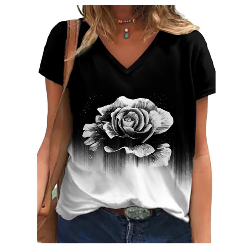 Vintage 3D Flower Print Women T Shirt Short Sleeve Loose V-Neck Street Casual Oversized Tops Summer Large Size 6XL