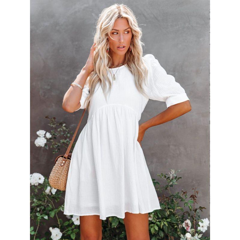 Fashion Summer New Fresh Sweet White Round Neck Back Single-Breasted Puff Short Sleeve Dress Female Dress