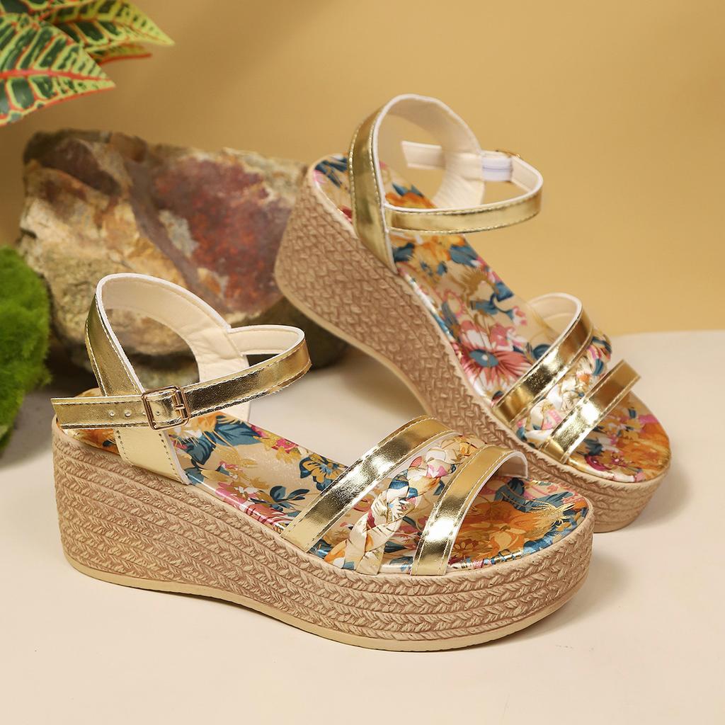 Large Size Sandals Women's Summer New Buckle Wedge Heel Thick Sole Roman Sandals Casual Sandals