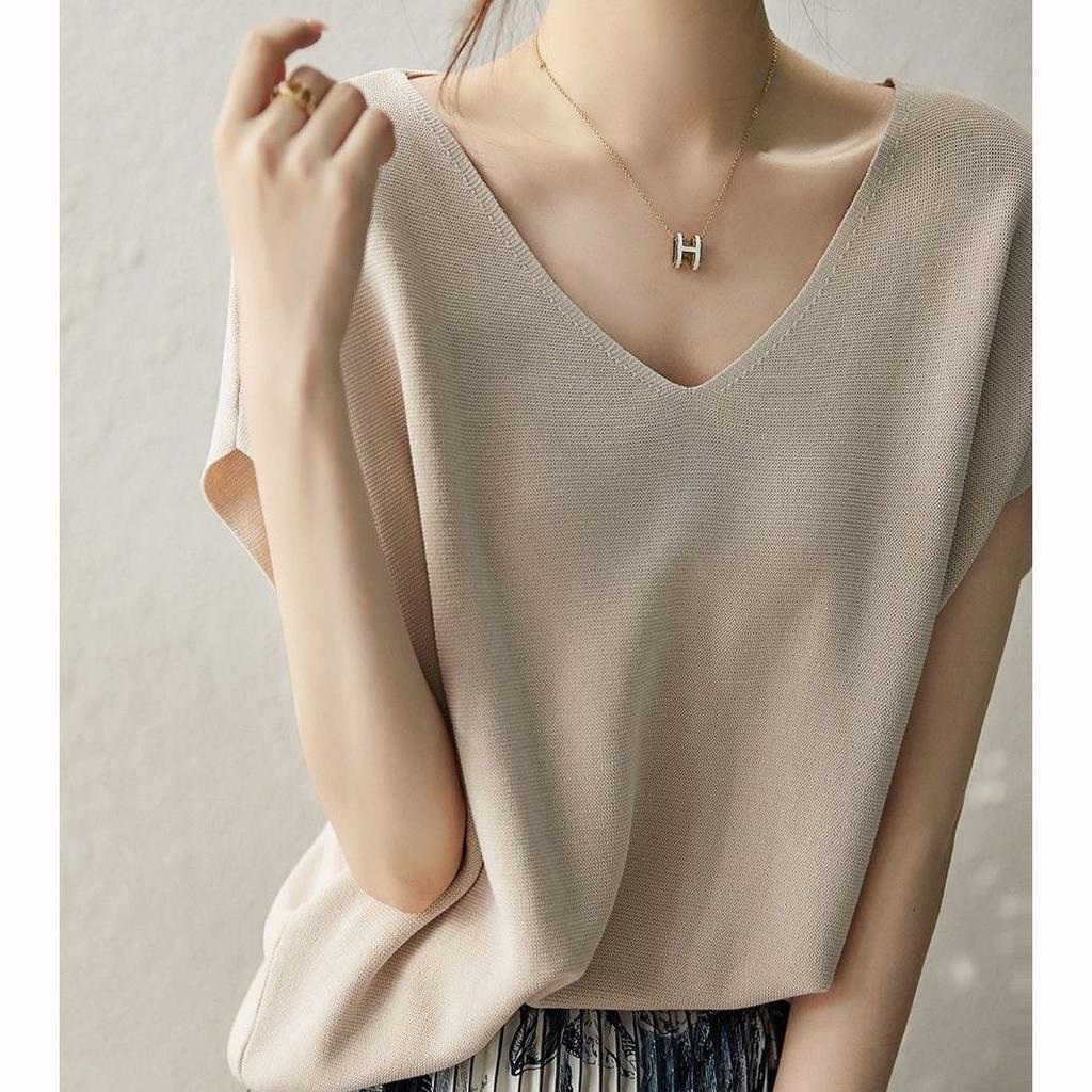 Женские летние футболки из ледяного шелка, повседневные, с V-образным вырезом, с коротким рукавом, с рукавом «летучая мышь», тонкие, удобные, свободные футболки для женщин