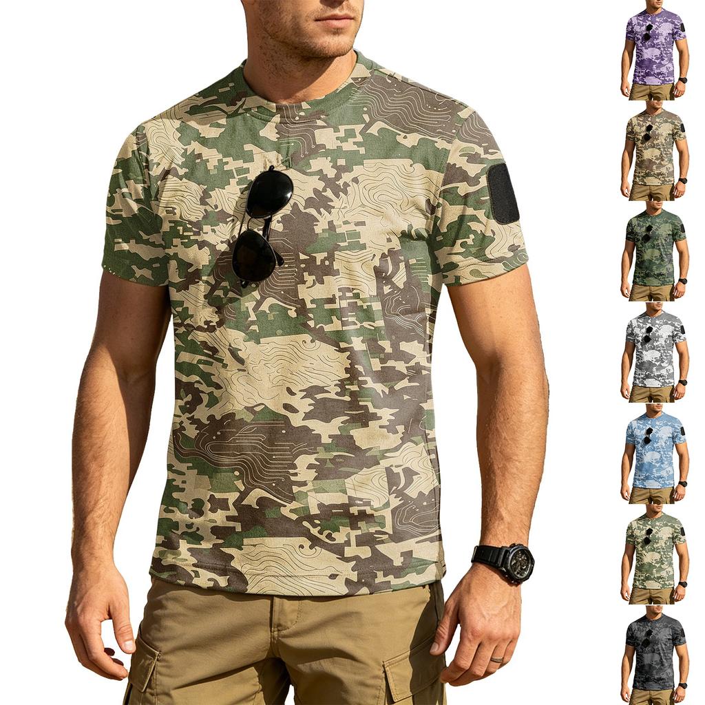Men's Tactical Outdoor Quick-Dry T-Shirt with Velcro Patch Area Loose Fit Breathable Round Neck Camouflage Print