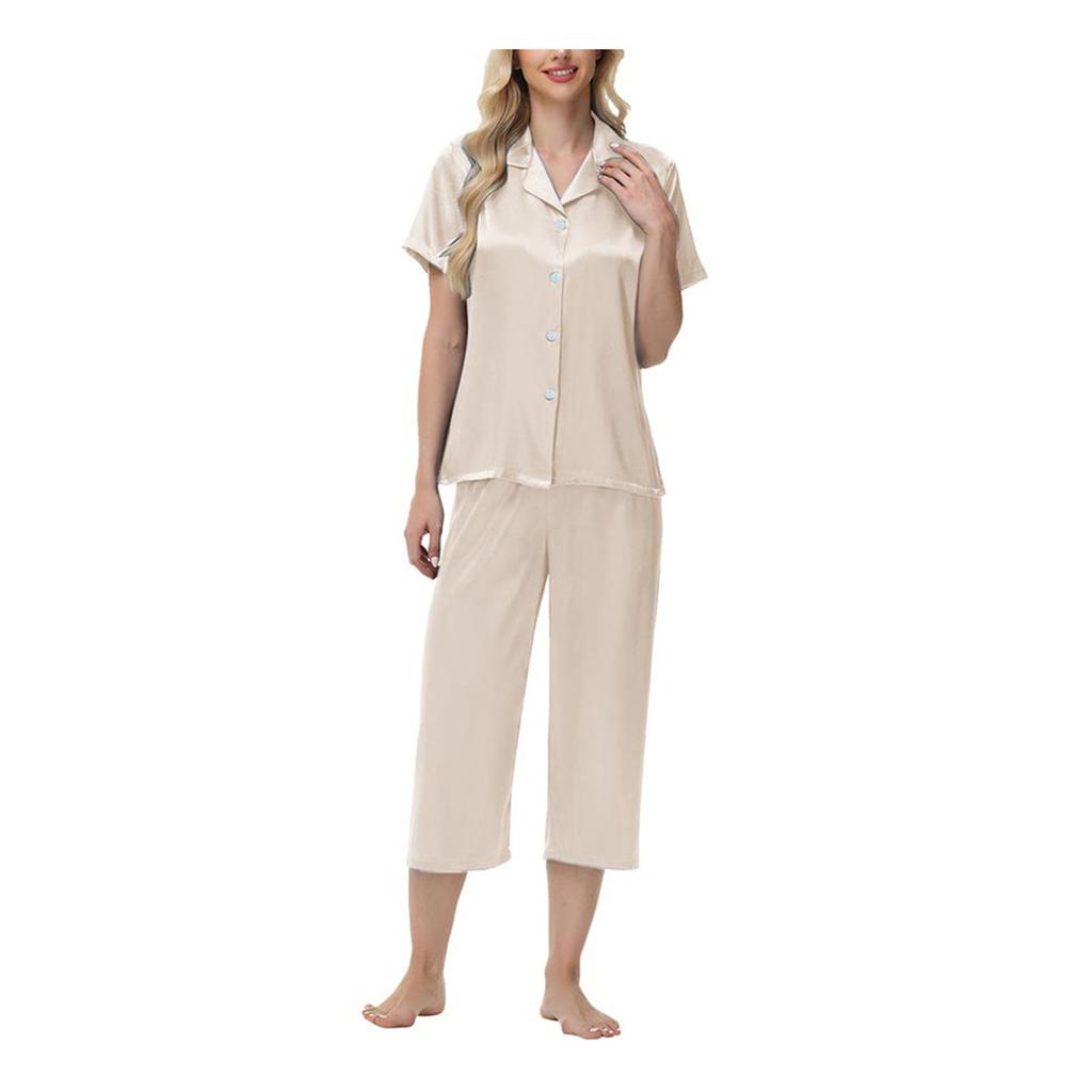 2 шт./комплект пижамы Ice Silk, рубашка с длинным рукавом и застежкой на пуговицы, эластичный пояс, широкие укороченные брюки, домашняя одежда, повседневный наряд, весенняя одежда для сна