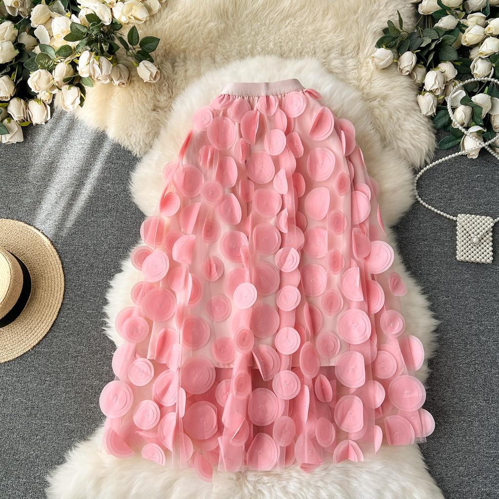 Летняя женская юбка миди с вышивкой в горошек, трехмерная, с большим клешем, из тюля