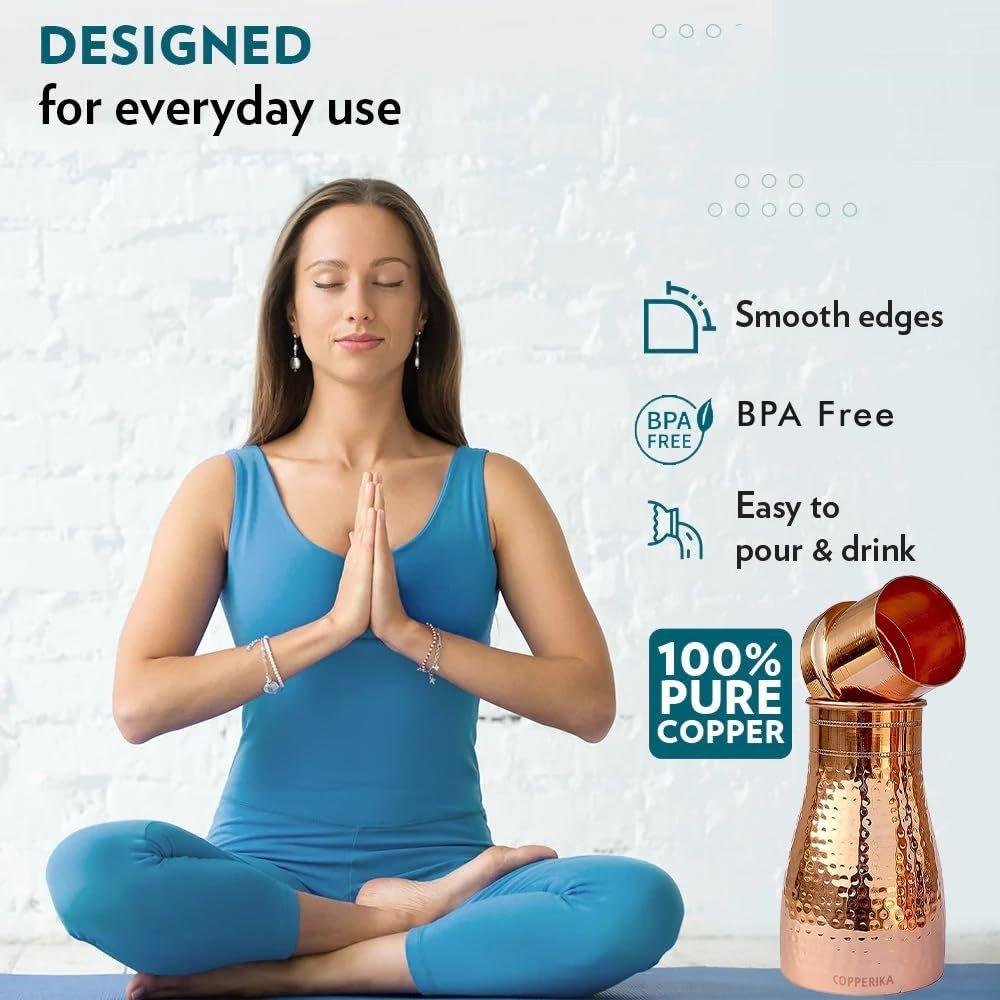 Набор для спальни: кованая медная бутылка для воды 1000 мл + медный стакан (Упаковка из 2-300 мл каждая) Оригинальная Тяжелая Сборка