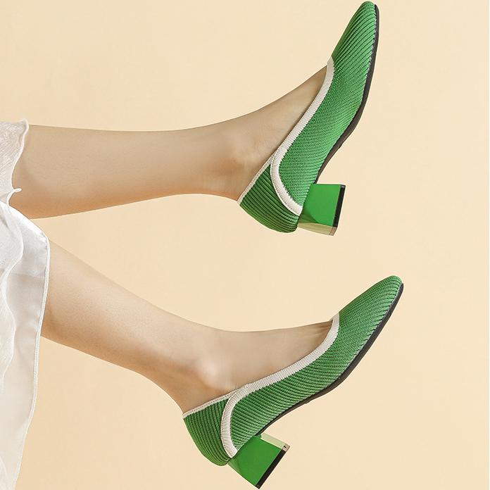 Туфли на каблуке для женщин Вязаные туфли-лодочки Женские модельные туфли на низком каблуке Офисные повседневные туфли с квадратным носком на массивном каблуке Модные женские туфли без шнуровки на каблуке