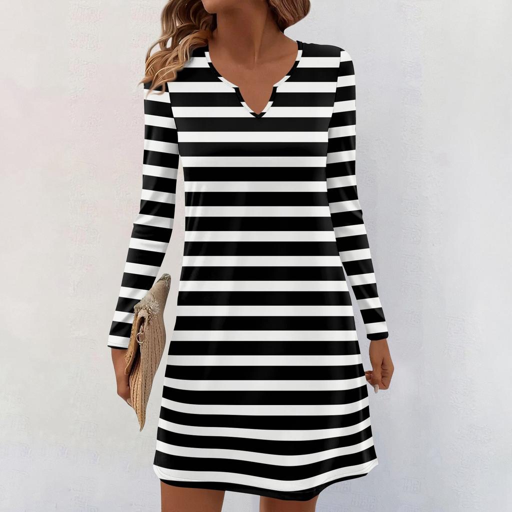 Women's Long-sleeved Casual Midi Dresses V-Neck Print Casual Dress
