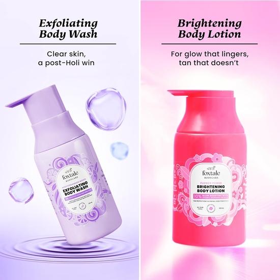 Foxtale Holi Aftercare Combo | Отшелушивающий гель для душа с 2% салициловой кислотой и цинком PCA для лечения акне на теле | Маска для сияния кожи с бразильской фиолетовой глиной