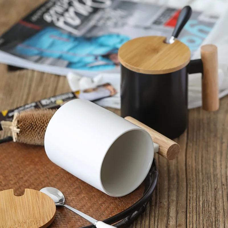 1pcs 310ml Ceramic Wooden Handle Coffee Cup with Lid and Spoon Coffee Milk Cup Couple's Mug Office Kitchen Water Cup Gift Cup