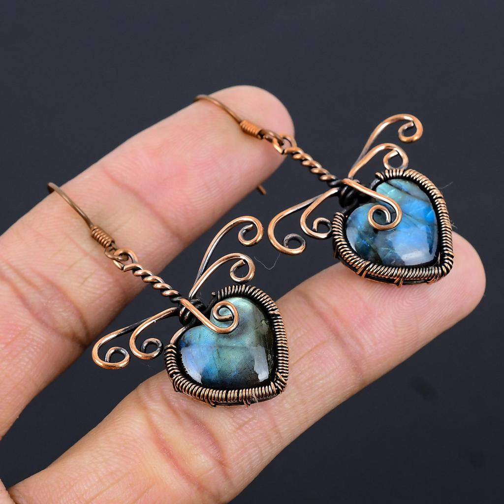 Labradorite 999 Copper Wire Wrapped Earrings, Handmade Gemstone Earrings Jewelry, Gifts For Wife Brand New Earrings