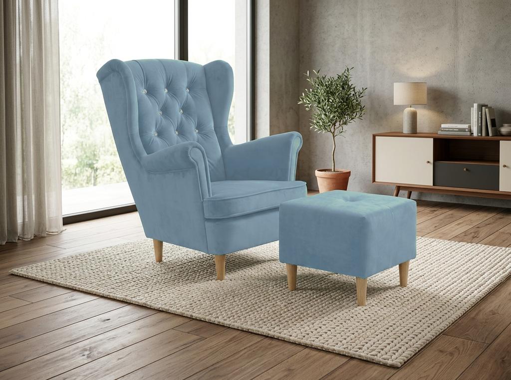 Ohrensessel Gaja Aura Royal mit Hocker und Kristallen im skandinavischen Stil – Family Meble