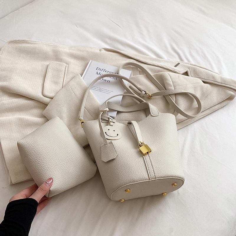 IELGY Lychee Pattern Solid Color Portable Mother and Child Bag Simple Casual Women Hand Carrying Bucket Bag