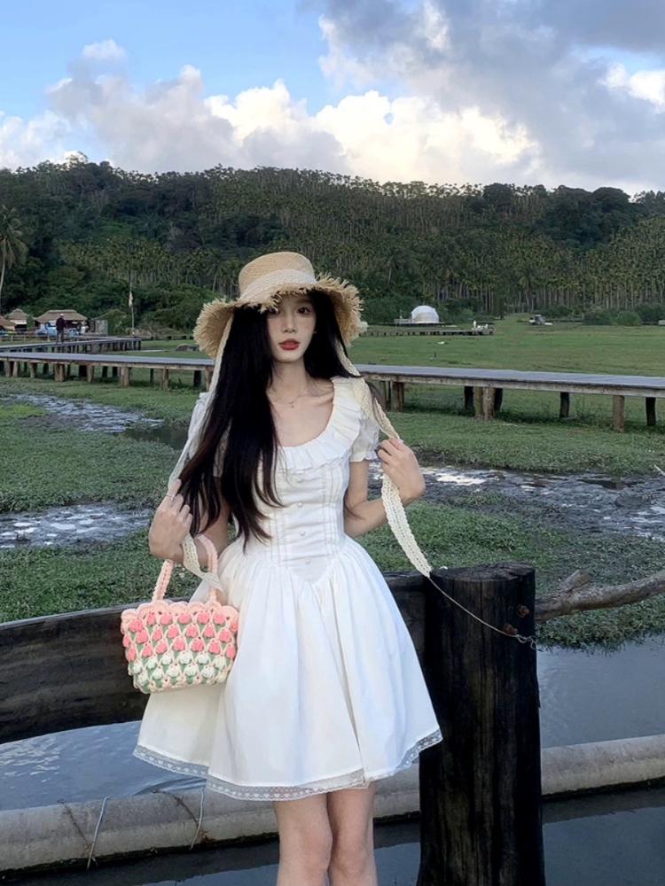 Белое милое элегантное короткое вечернее платье, женское повседневное корейское модное платье с коротким рукавом, кавайное кружевное платье, новинка лета 2024 года