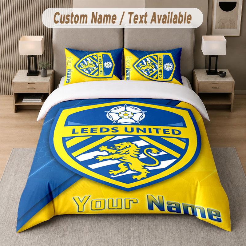 Custom Bedding Set Leeds United Pattern, Print Name Text 1 Duvet Cover plus 2 Pillowcases Home Textile