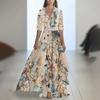 Floral Print V-Neck Midi Dress with Belt, Elegant Boho Style Women's Dress