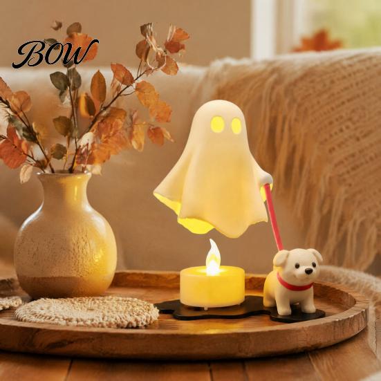 Cute Puppy Night Light Halloween Ghost Walking Dog Figurine, Spooky Statue with Whimsical Room Accessories LED Candle, 3D Printed Tabletop Ornament
