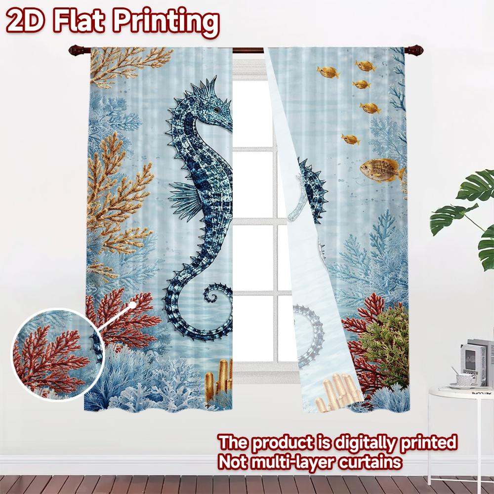 2D FLAT PRINTING 2pcs Curtains (Without Rod) Two Seahorses in Coral Chic Curtains&Window Treatment Versatile Polyester Fabric