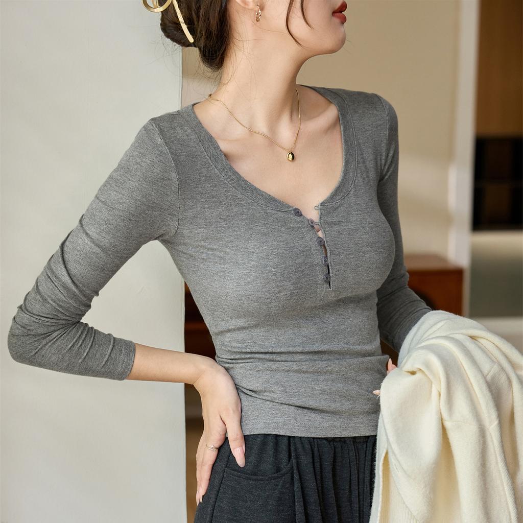 Chic Button Design T-shirt Women Fall New Slim Spice Sexy Long Sleeve Top