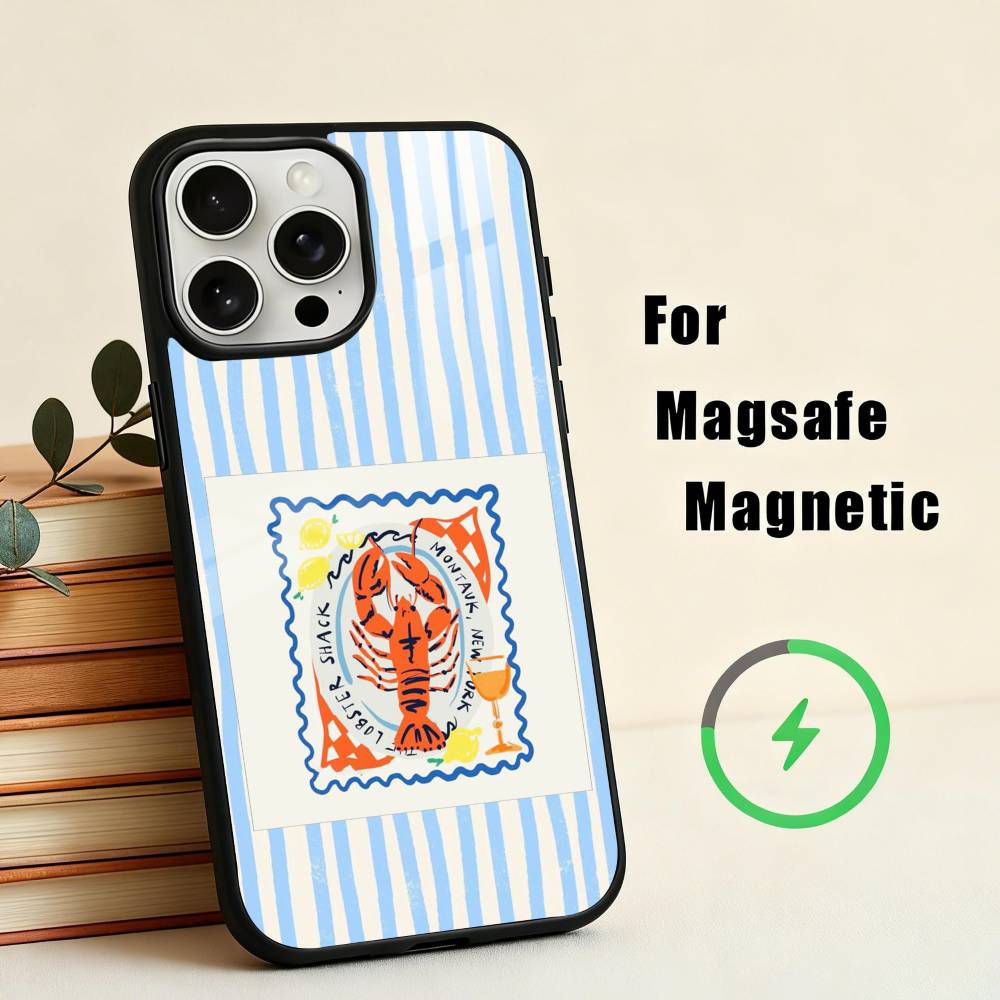 L-Lobster On S-Stripes Ocean Phone Case For iPhone17,16,15,14,13,12,11 Plus,Pro Max Magnetic For Magsafe Wireless Charging