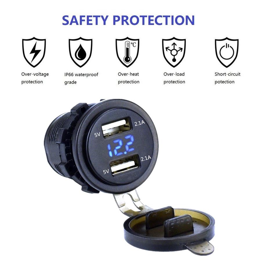 Motorcycle Dual USB Charger Socket With Blue LED Voltmeter Wire In-line 10A Fuse