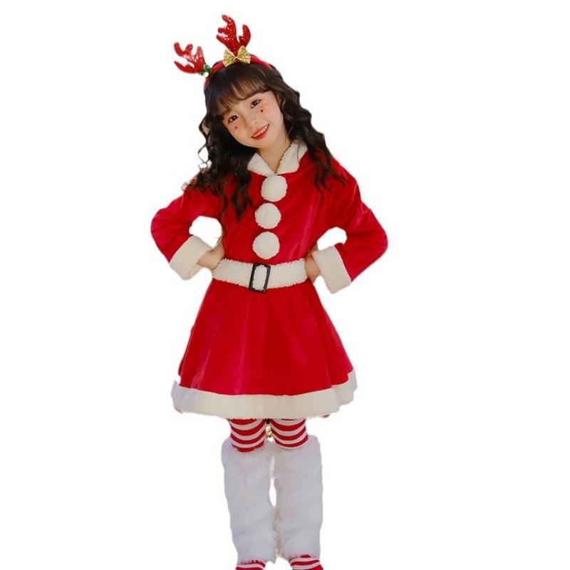 Рождественский детский костюм Платье лося Красная юбка Девочки из детского сада Санта Длинные рукава