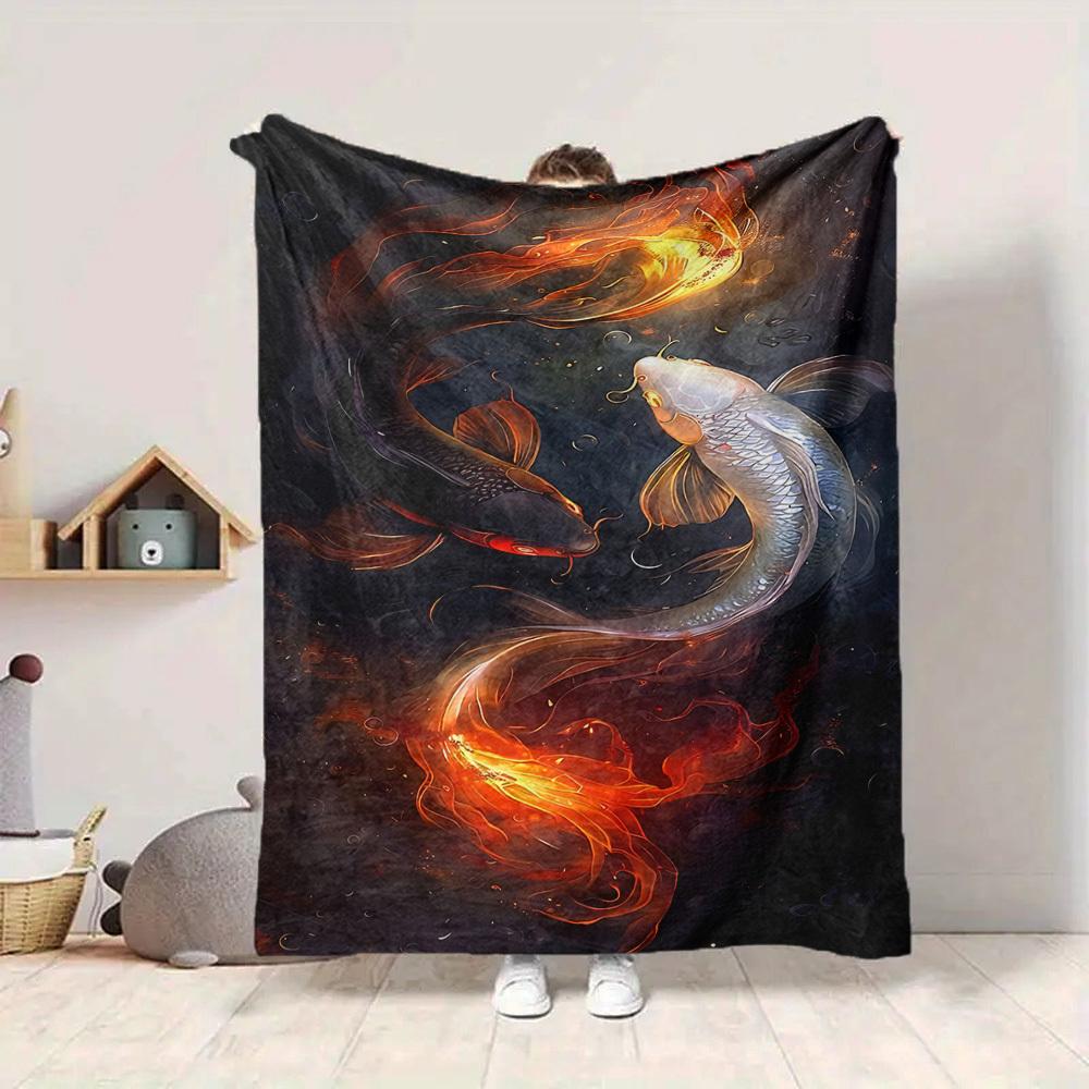1pc Koi Fish Yin Yang Blanket, Lightweight Flannel Throw For Sofa, Bed, Travel, Camping, Livingroom, Office, Couch, Chair