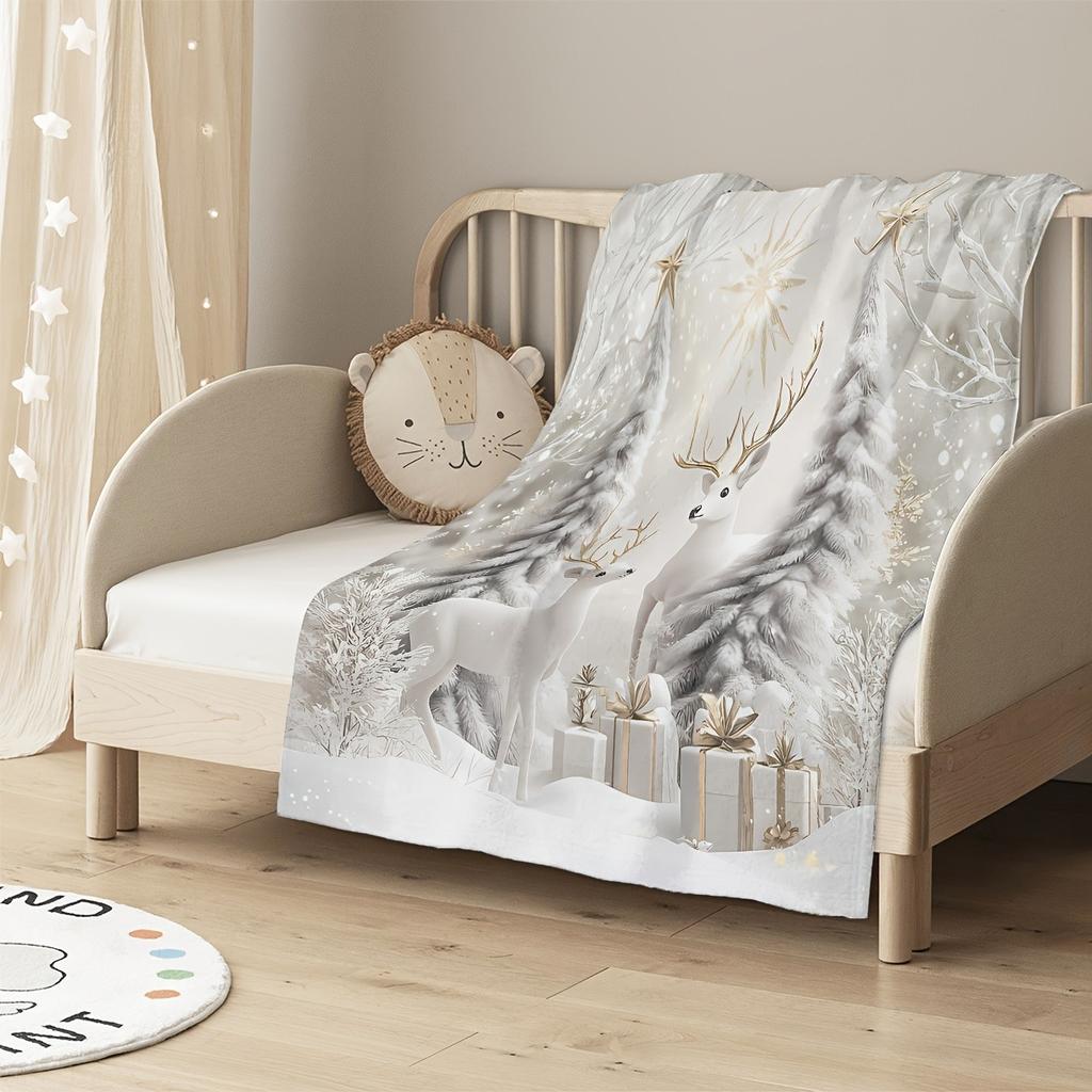Рождественский плед Супермягкий флис с праздничными оленями и елкой Идеально подходит для дивана, кровати Комфорт в любое время года, Рождественский декор