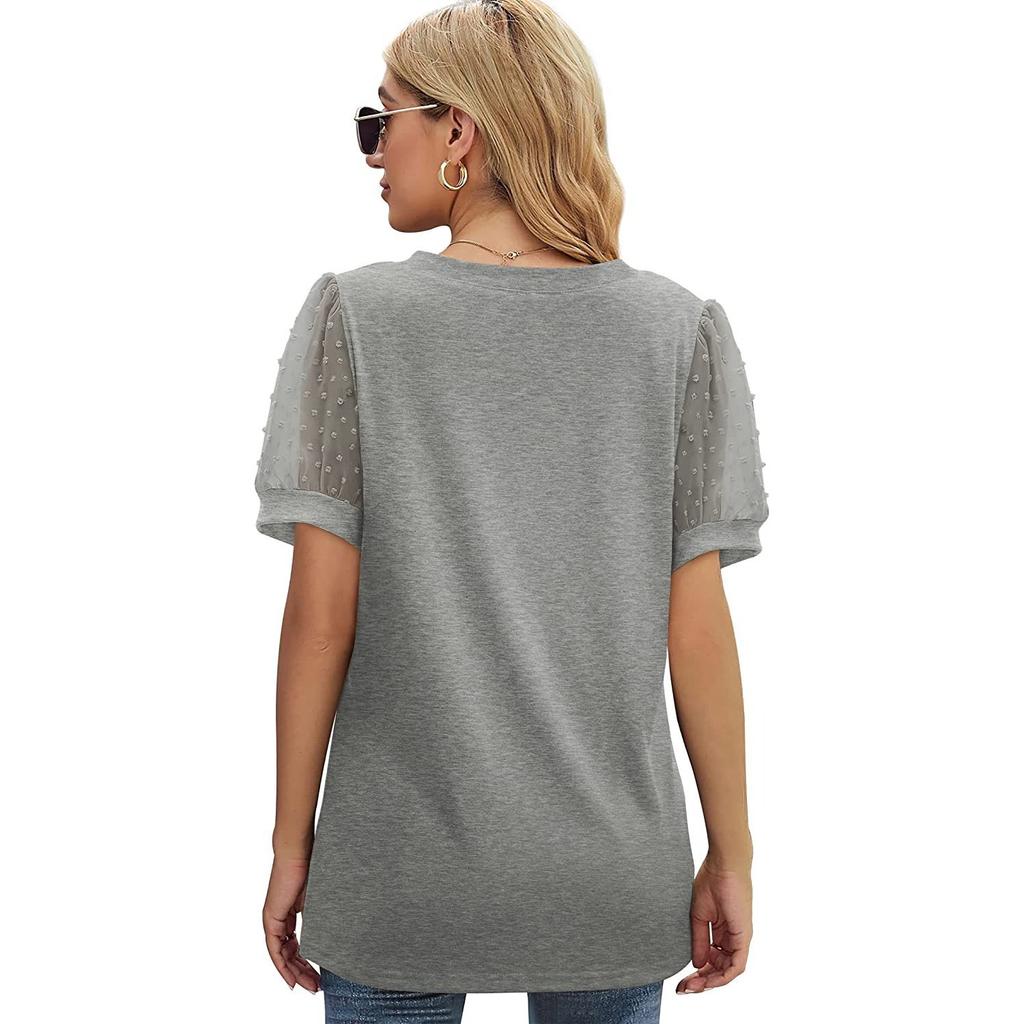 GMXIA Summer Women's T-shirt Solid Color V-neck Simple Mesh Puffed Sleeves