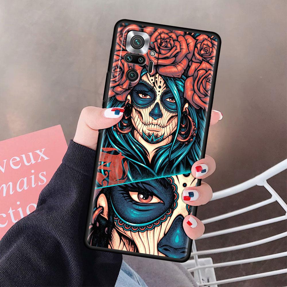 Fitted Soft Case For Xiaomi Redmi Note 9S 9 10 8 Pro 9A 13 12 12S 12C 10C 9i Capa Tpu Mexican Catrina Skull Girl Phone Cover