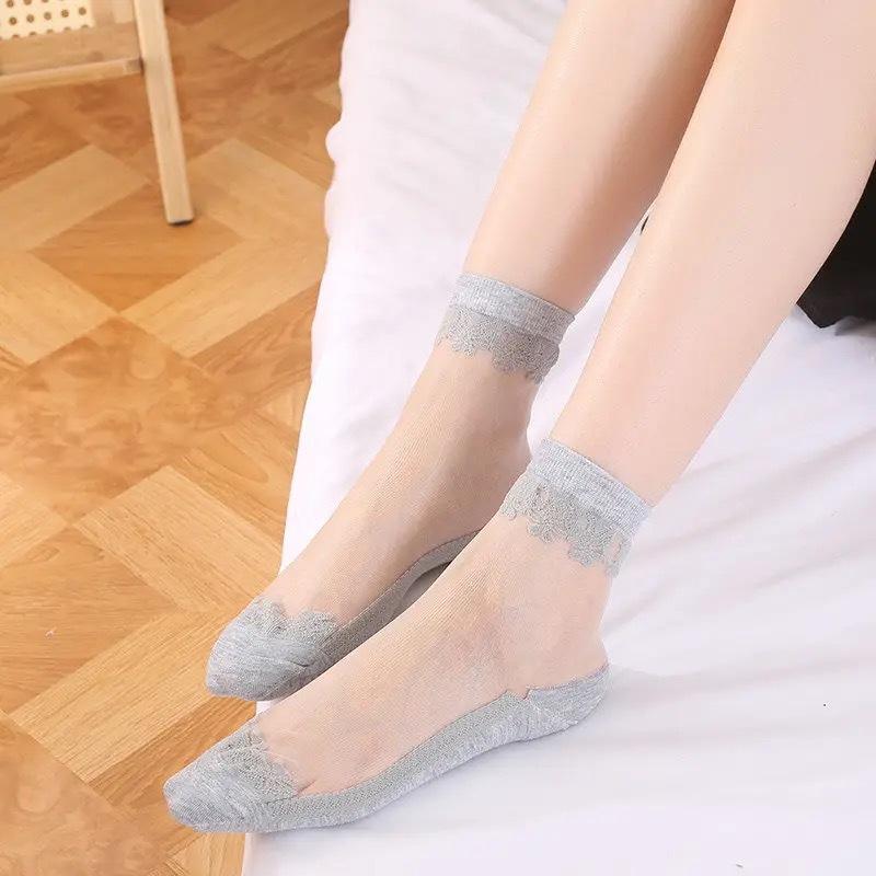 Transparent Crystal Silk Lace Sock Women Soft Comfy Sheer Silk Cotton Mesh Socks Women Ultra-thin Elastic Crystal Socks