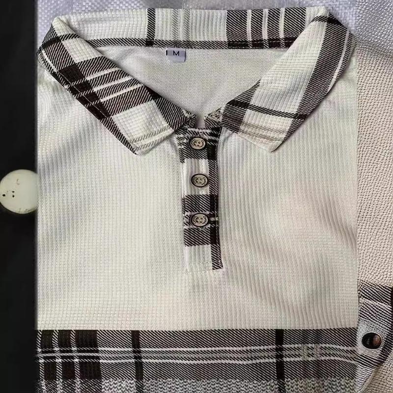 Мужская поло-рубашка с длинным рукавом, в клетку, с цветовыми блоками и принтом вафельного переплетения